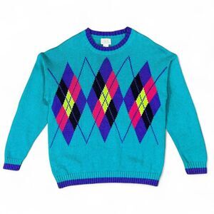 Vintage 80s Casual Corner Neon Argyle Knit Sweater Sz Large